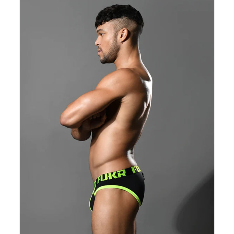 Load image into Gallery viewer, Andrew Christian FUKR Zipper Back Brief Black Yellow
