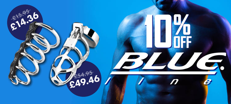 Prowler Homepage - 10% OFF Blueline Adult Toys, Image shows brand name, cock cages and prices - Desktop Image