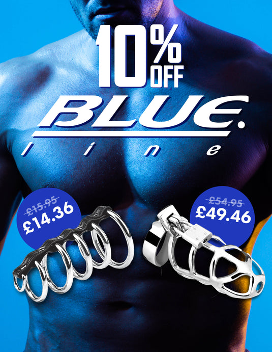 Prowler Homepage - 10% OFF Blueline Adult Toys, Image shows brand name, cock cages and prices - Mobile Image