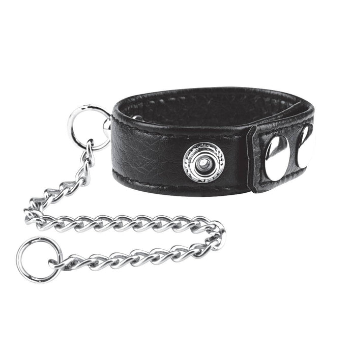 Front View Product - Blue Line Snap Cock Ring With Leash Black - Simply Pleasure