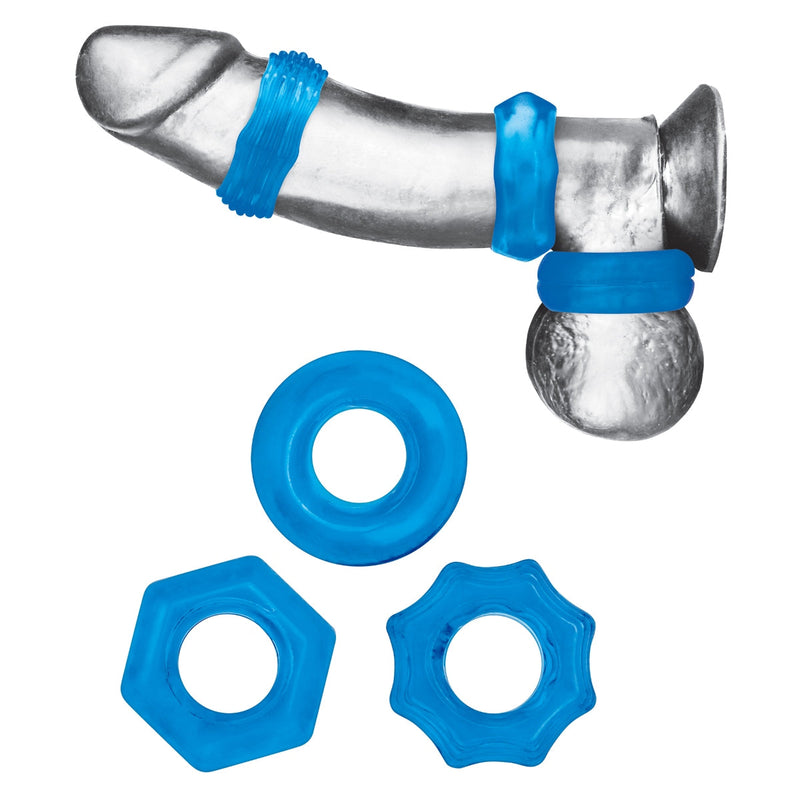 Load image into Gallery viewer, Blue Line Nuts &amp; Bolts Stretch Cock Ring Set 3 Pack Blue - Simply Pleasure

