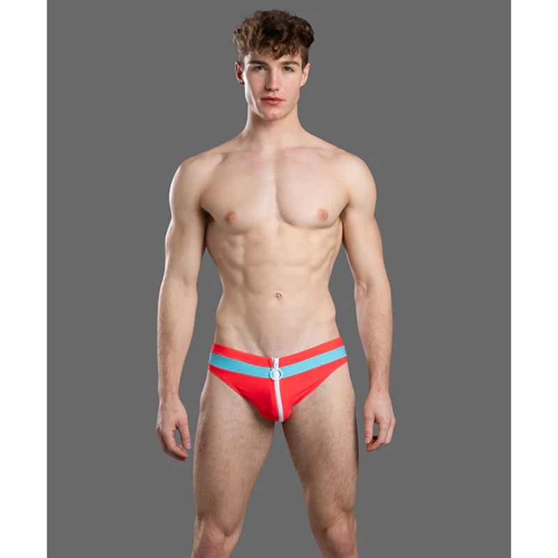 Load image into Gallery viewer, Andrew Christian Zipper Bikini Swim Brief Neon Red
