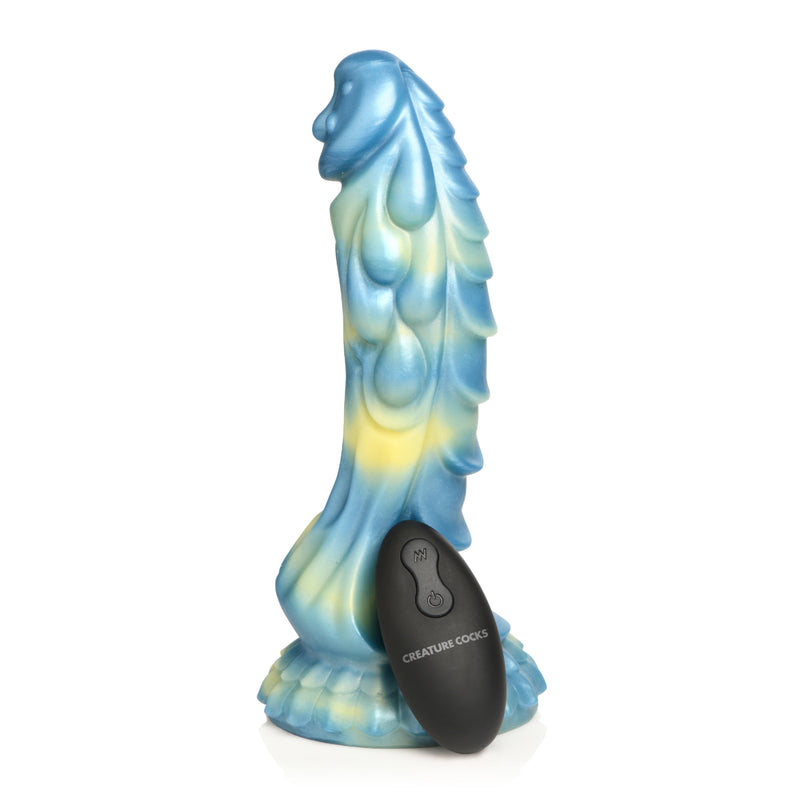 Load image into Gallery viewer, Creature Cocks Sea Stallion Vibrating Remote Control Silicone Dildo Blue Yellow
