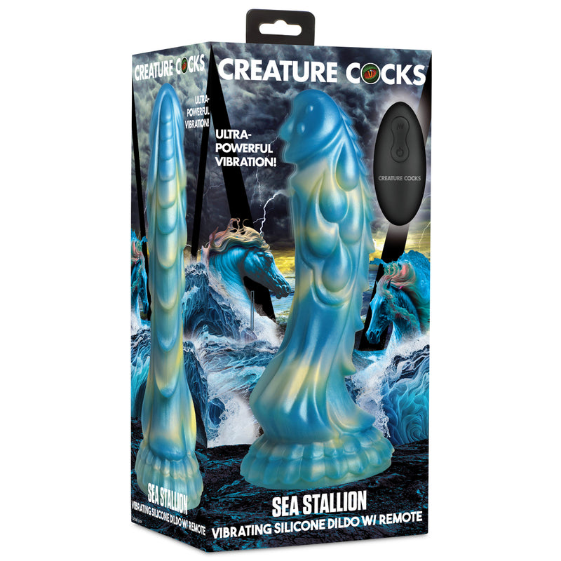 Load image into Gallery viewer, Creature Cocks Sea Stallion Vibrating Remote Control Silicone Dildo Blue Yellow

