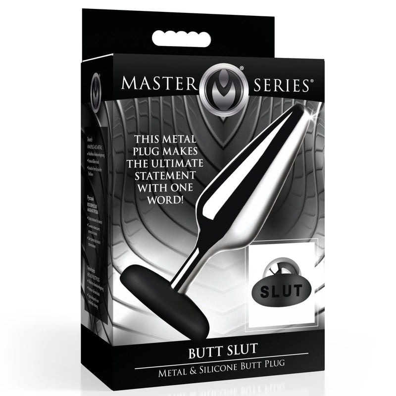 Load image into Gallery viewer, Master Series Butt Slut Metal &amp; Silicone Butt Plug Silver Black
