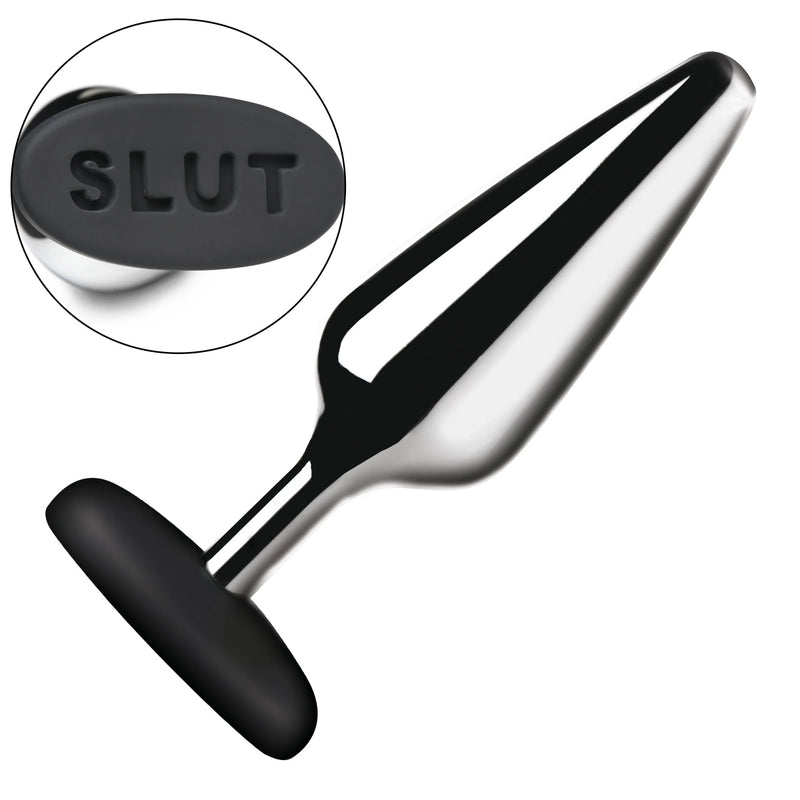 Load image into Gallery viewer, Master Series Butt Slut Metal &amp; Silicone Butt Plug Silver Black
