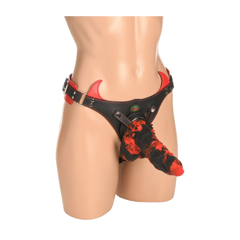 Load image into Gallery viewer, Creature Cocks Horny Devil Strap-On Harness Red Black
