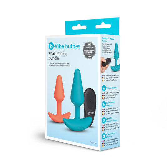 b-Vibe Butties Anal Training 2 Piece Bundle Remote Control Butt Plugs Blue Orange