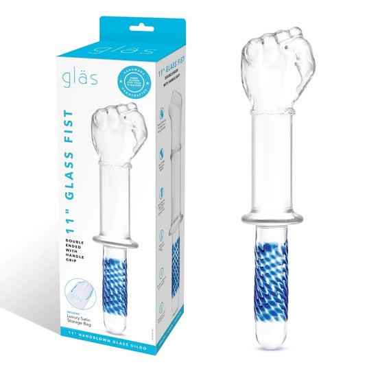 Glas Fist Double Ended Glass Dildo With Handle Grip Clear Blue 11 Inch