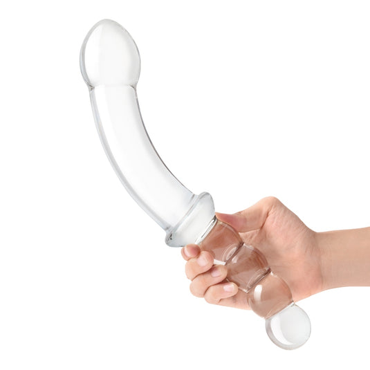 Glas Girthy Double Sided Glass Dong With Anal Bead Grip Handle Clear 12.5 Inch