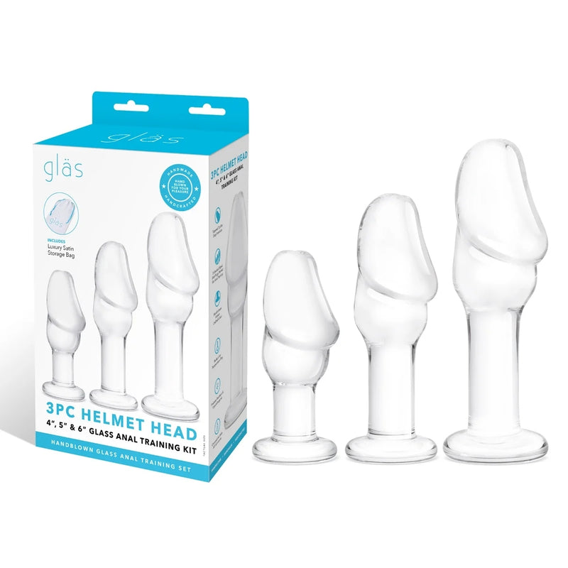 Load image into Gallery viewer, Glas Helmet Head 3 Piece Anal Training Glass Butt Plug Kit Clear 4 Inch 5 Inch 6 Inch
