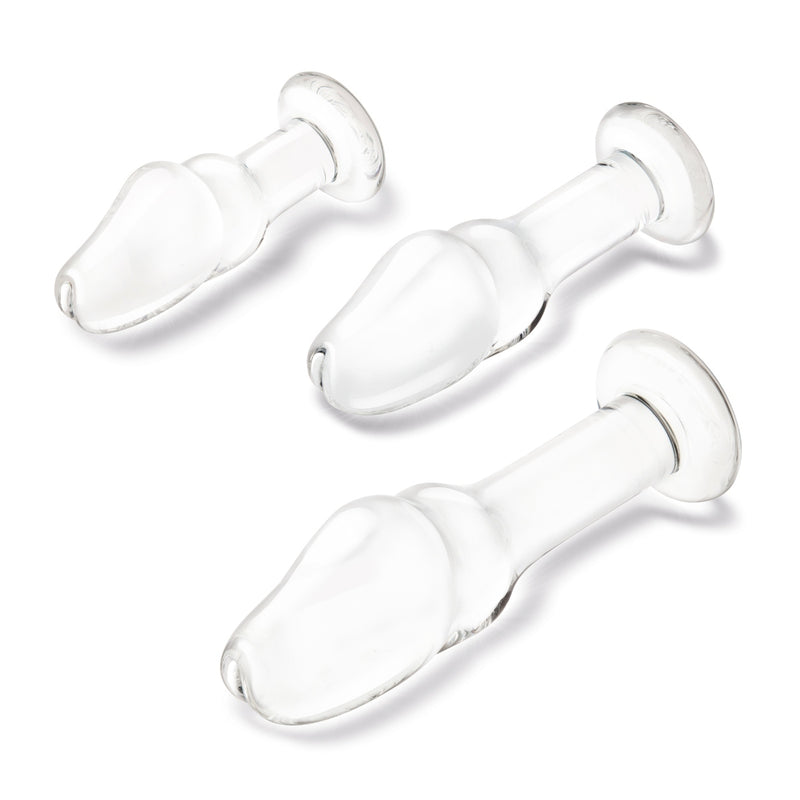 Load image into Gallery viewer, Glas Helmet Head 3 Piece Anal Training Glass Butt Plug Kit Clear 4 Inch 5 Inch 6 Inch
