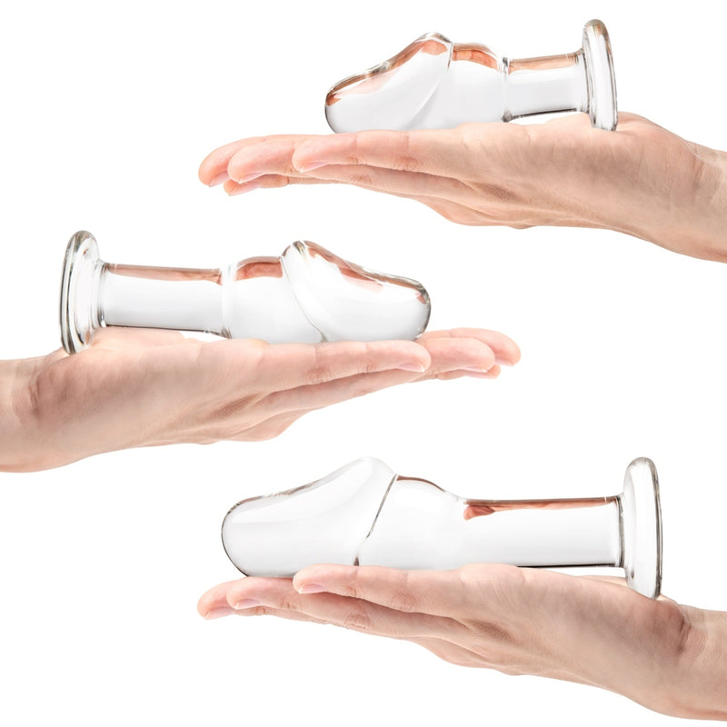 Load image into Gallery viewer, Glas Helmet Head 3 Piece Anal Training Glass Butt Plug Kit Clear 4 Inch 5 Inch 6 Inch
