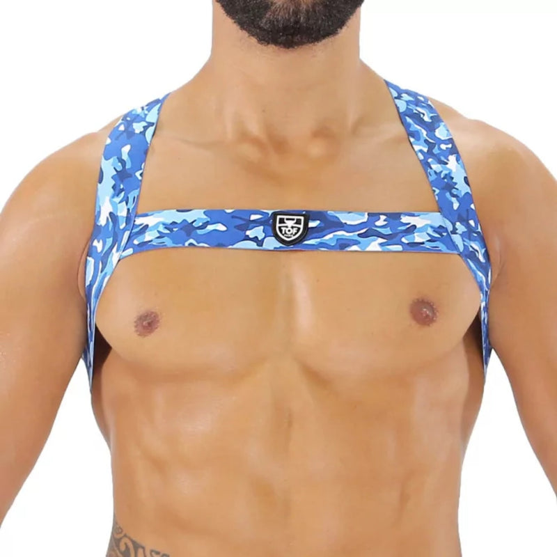 Load image into Gallery viewer, TOF Paris Fetish Elastic Chest Harness Blue Camouflage
