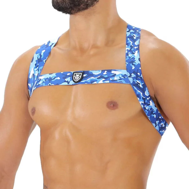 Load image into Gallery viewer, TOF Paris Fetish Elastic Chest Harness Blue Camouflage
