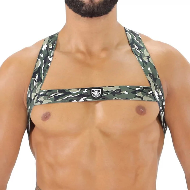 Load image into Gallery viewer, TOF Paris Fetish Elastic Chest Harness Khaki Camouflage
