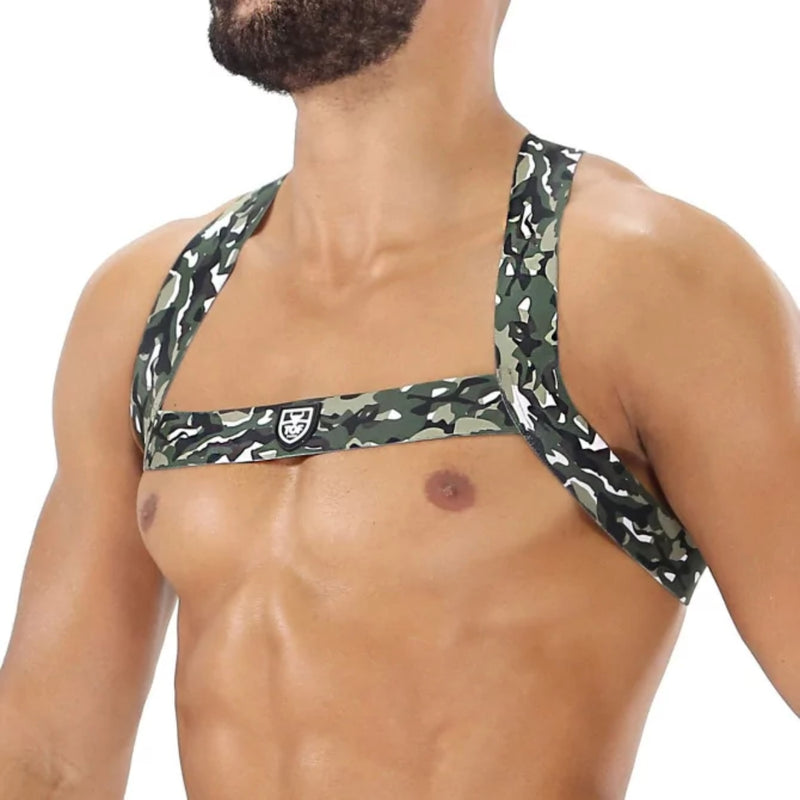 Load image into Gallery viewer, TOF Paris Fetish Elastic Chest Harness Khaki Camouflage
