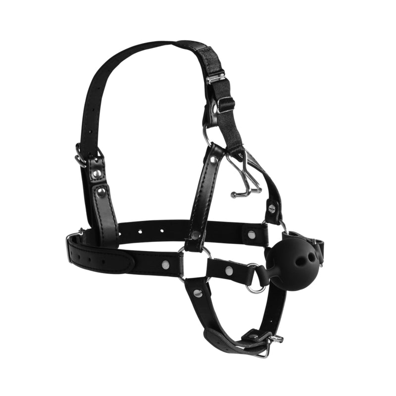 Load image into Gallery viewer, Ouch Xtreme Head Harness With Breathable Ball Gag &amp; Nose Hooks Black
