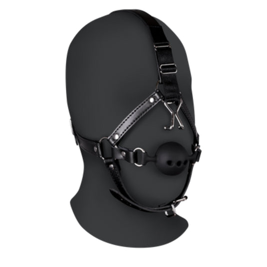 Ouch Xtreme Head Harness With Breathable Ball Gag & Nose Hooks Black