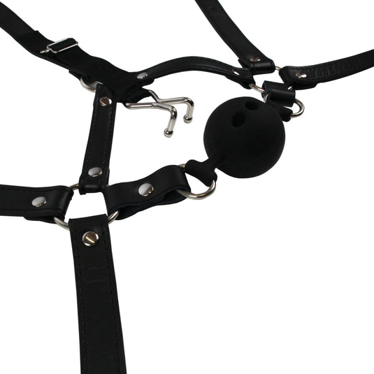 Ouch Xtreme Head Harness With Breathable Ball Gag & Nose Hooks Black