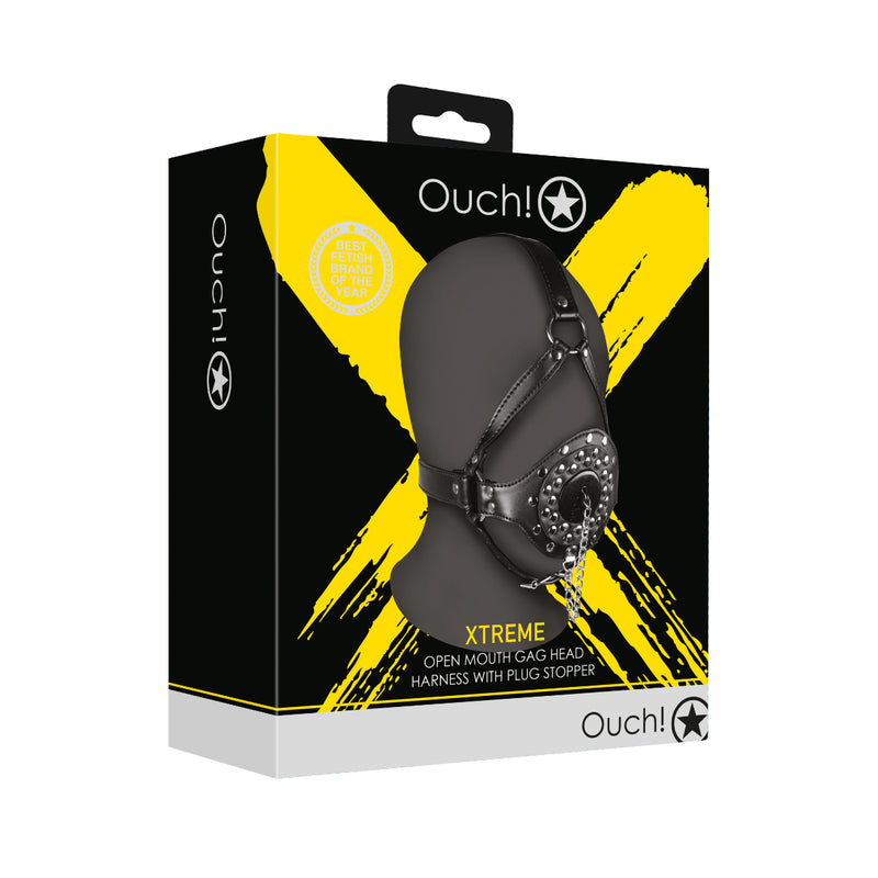 Load image into Gallery viewer, Ouch Xtreme Open Mouth Gag Head Harness With Plug Stopper Black
