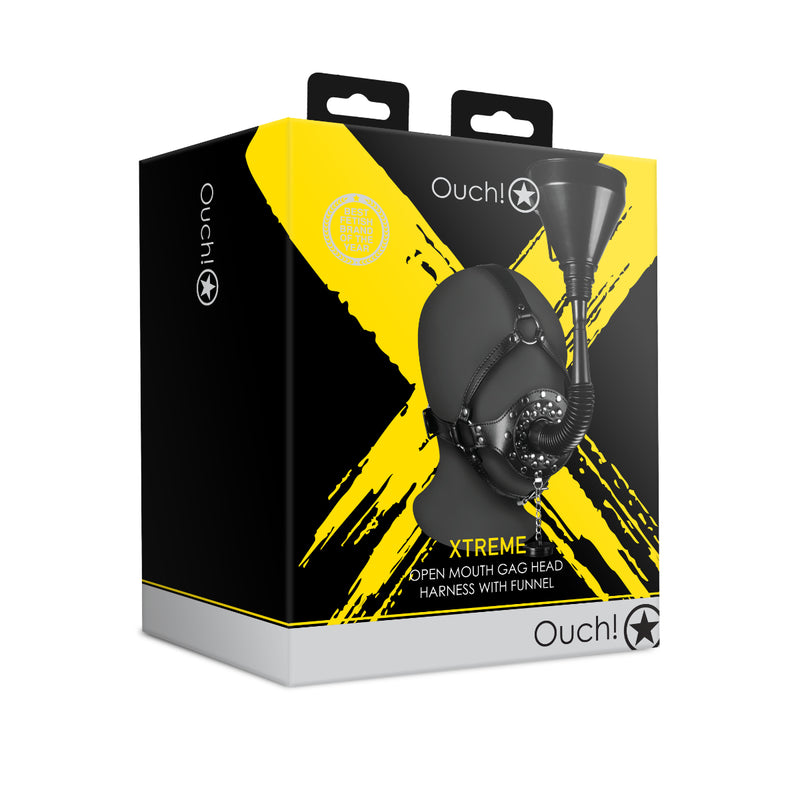 Load image into Gallery viewer, Ouch Xtreme Open Mouth Gag Head Harness With Funnel Black
