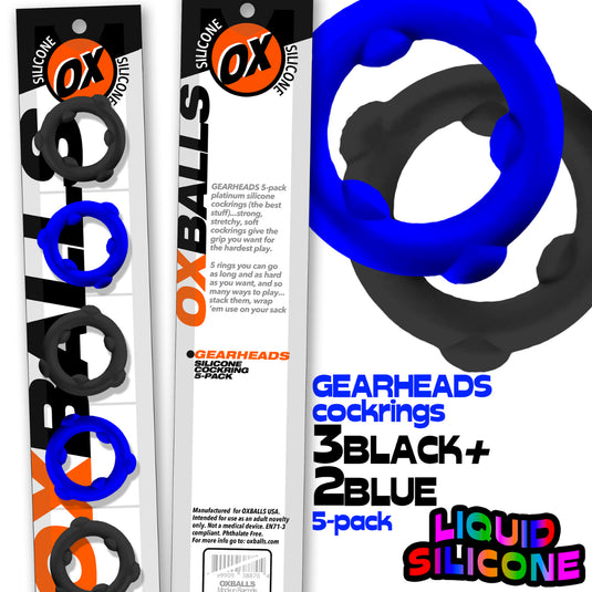 Oxballs Gearheads Silicone Cock Ring 5 Pack Black Blue