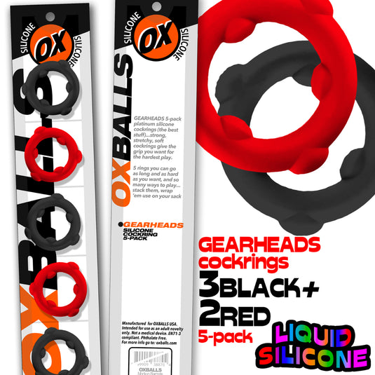 Oxballs Gearheads Silicone Cock Ring 5 Pack Black Red