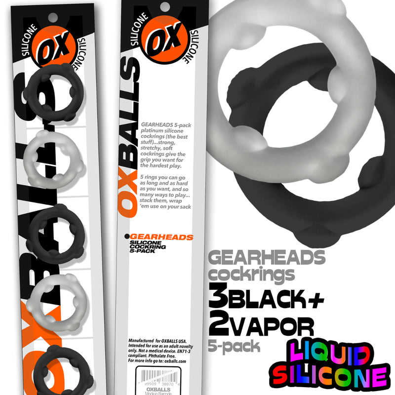Load image into Gallery viewer, Oxballs Gearheads Silicone Cock Ring 5 Pack Black Vapor
