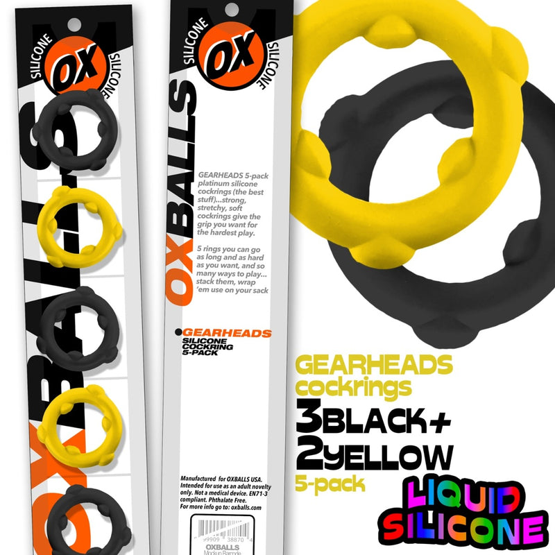 Load image into Gallery viewer, Oxballs Gearheads Silicone Cock Ring 5 Pack Yellow Black
