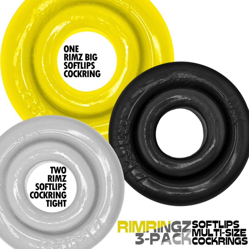 Load image into Gallery viewer, Oxballs Rimringz Cock Ring 3 Pack Shockwave Black Clear Yellow
