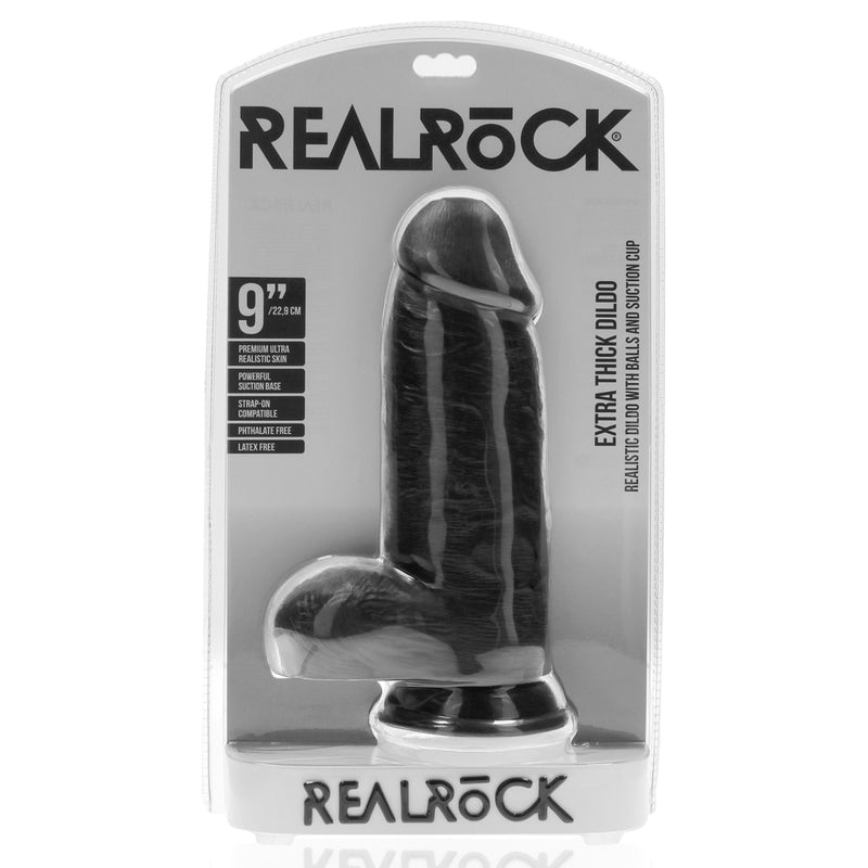 Load image into Gallery viewer, RealRock Extra Thick Dildo With Balls Black 9 Inch
