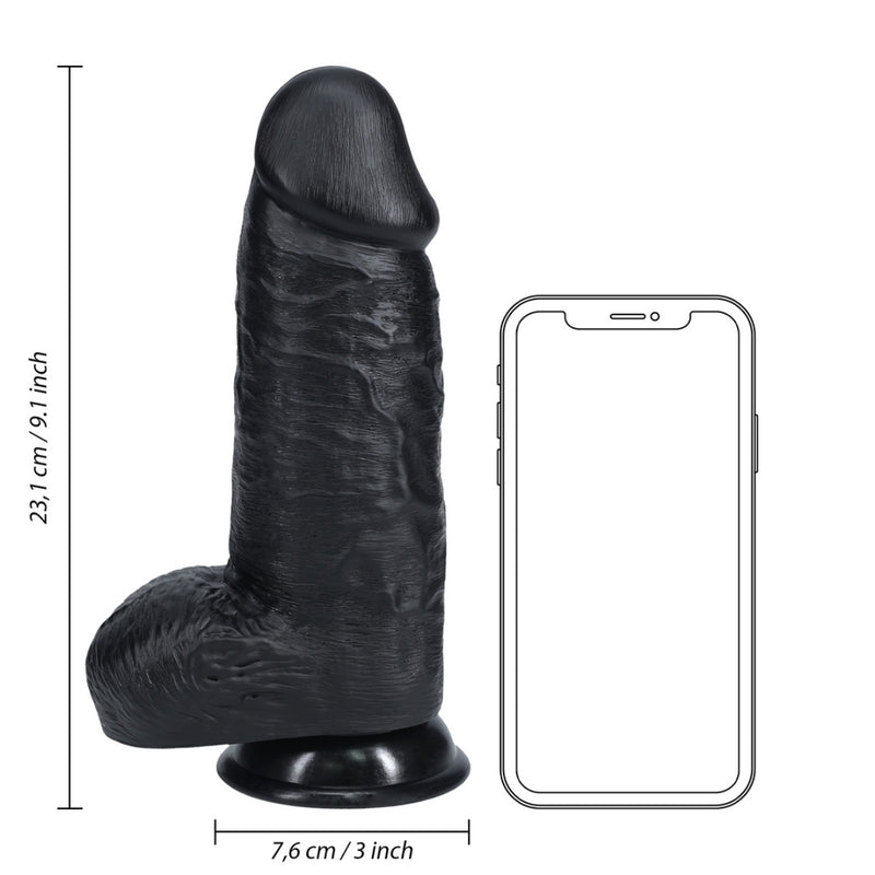 Load image into Gallery viewer, RealRock Extra Thick Dildo With Balls Black 9 Inch
