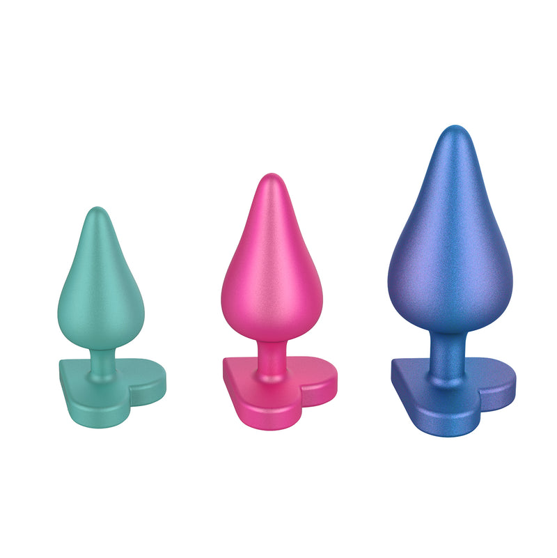 Load image into Gallery viewer, ROMP Luster Anal Training Butt Plug Kit Pink Green Blue

