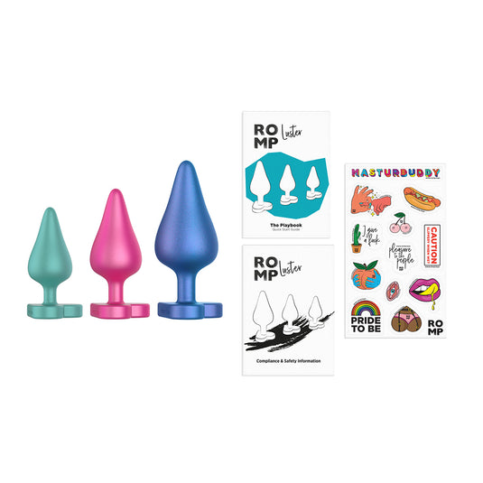 ROMP Luster Anal Training Butt Plug Kit Pink Green Blue