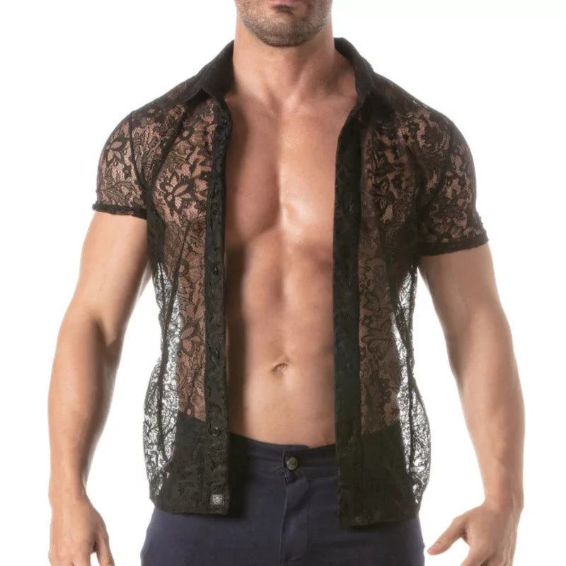 Load image into Gallery viewer, TOF Paris Lace Short Sleeve Shirt Black
