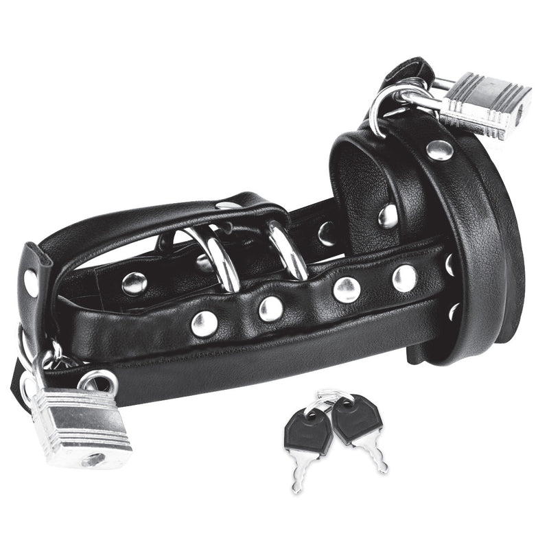 Load image into Gallery viewer, Blue Line Gimp Cock Locking Chastity Sheath With Double Metal Cock Ring Black
