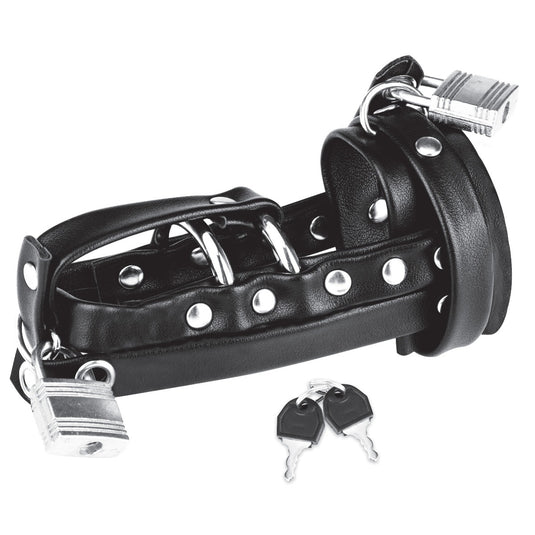 Blue Line Gimp Cock Locking Chastity Sheath With Double Metal Cock Ring Black