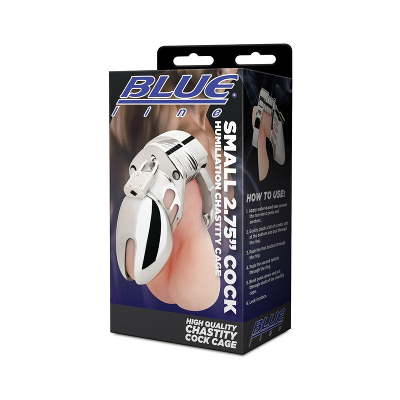 Load image into Gallery viewer, Blue Line Cock Humiliation Chastity Cage Silver Small 2.75 Inch
