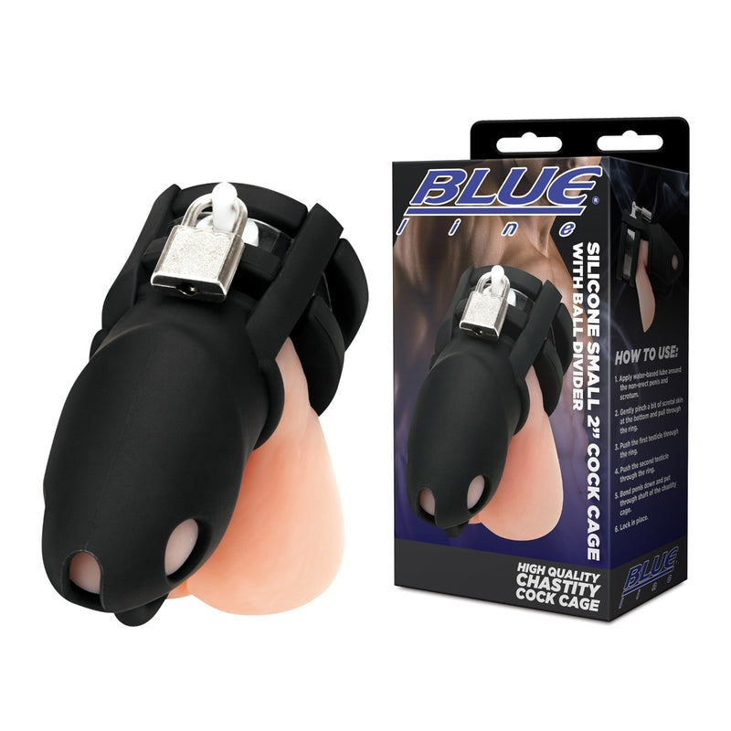 Load image into Gallery viewer, Blue Line Silicone Cock Cage With Ball Divider Black Small 2 Inch
