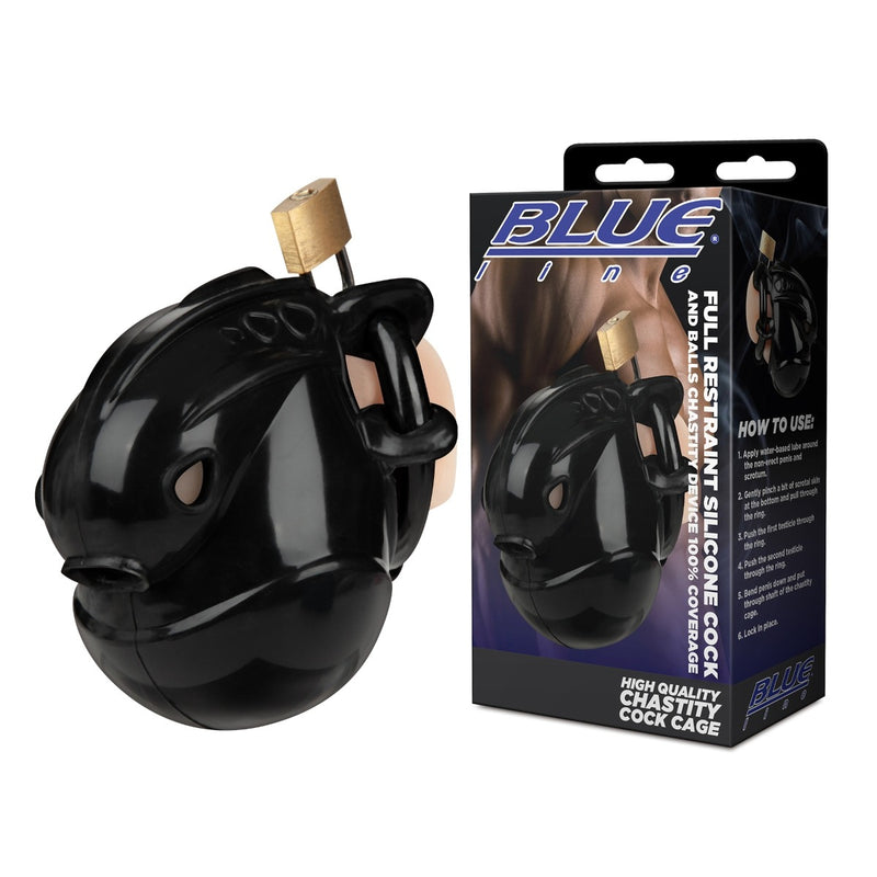 Load image into Gallery viewer, Blue Line Full Restraint Silicone Cock And Balls Chastity Device Black
