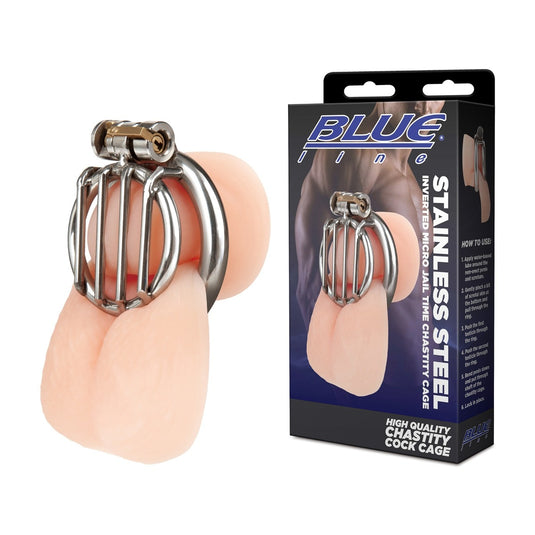 Blue Line Stainless Steel Inverted Micro Jail Time Chastity Cage Silver
