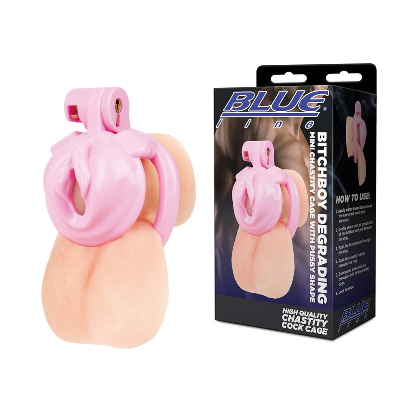 Load image into Gallery viewer, Blue Line Bitchboy Degrading Mini Chastity Cage With Pussy Shape Pink
