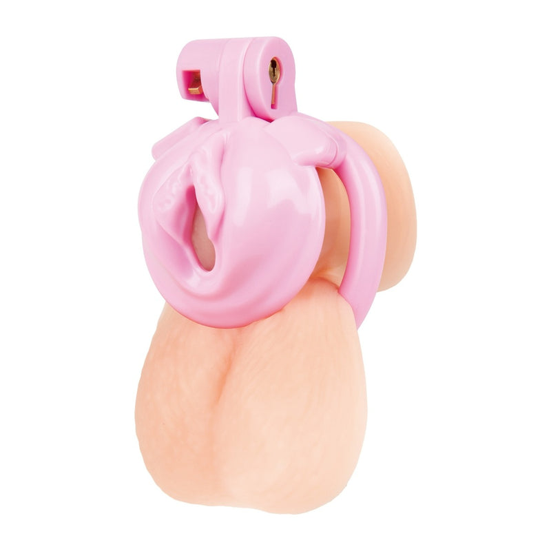 Load image into Gallery viewer, Blue Line Bitchboy Degrading Mini Chastity Cage With Pussy Shape Pink
