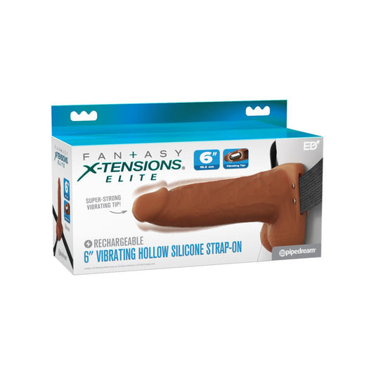 Fantasy X-Tensions Elite Vibrating Dual Density Silicone Hollow Strap On Brown 6 Inch