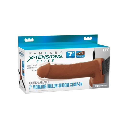 Fantasy X-Tensions Elite Vibrating Dual Density Silicone Hollow Strap On Brown 7 Inch