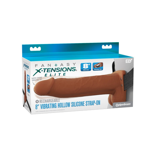 Fantasy X-Tensions Elite Vibrating Dual Density Silicone Hollow Strap-On Brown 8 Inch