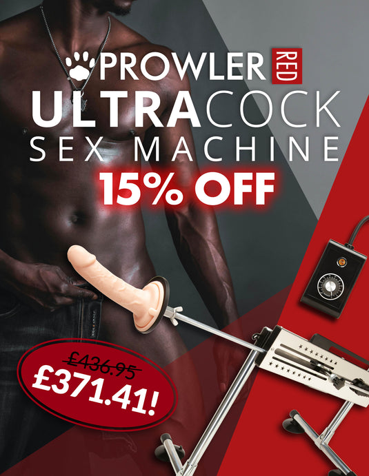 prowler Home Page Banner - promoting 15 pecent off Prowler RED Collection - Image showcases discount and the New Prowler RED Sex Machine priced at £371.40 - Mobile image