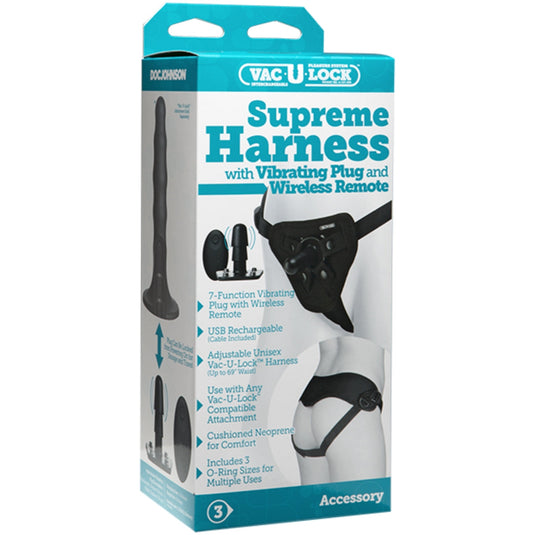 Vac-U-Lock Supreme Harness With Vibrating Plug & Wireless Remote Black