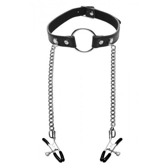 Master Series Seize O-Ring Gag With Nipple Clamps Black Silver